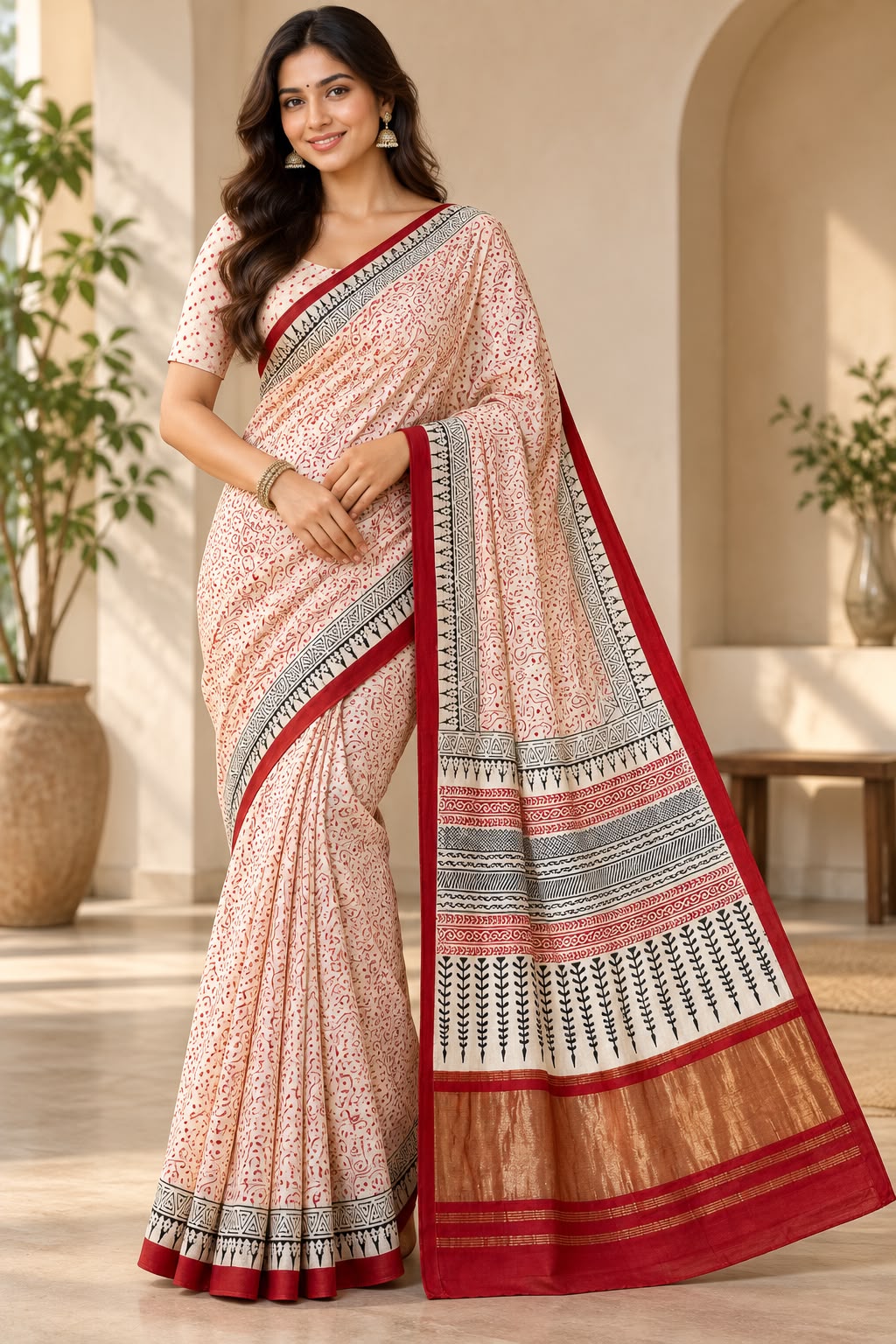 Cream, Red & Black Printed Gajji Silk Saree with Rich Copper-Gold Pallu