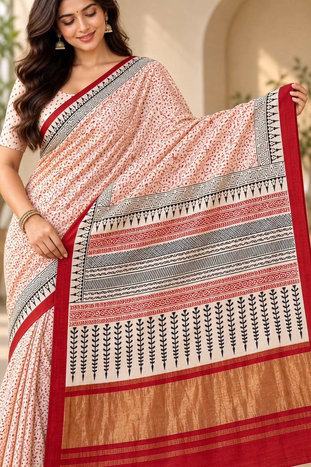 Cream, Red & Black Printed Gajji Silk Saree with Rich Copper-Gold Pallu