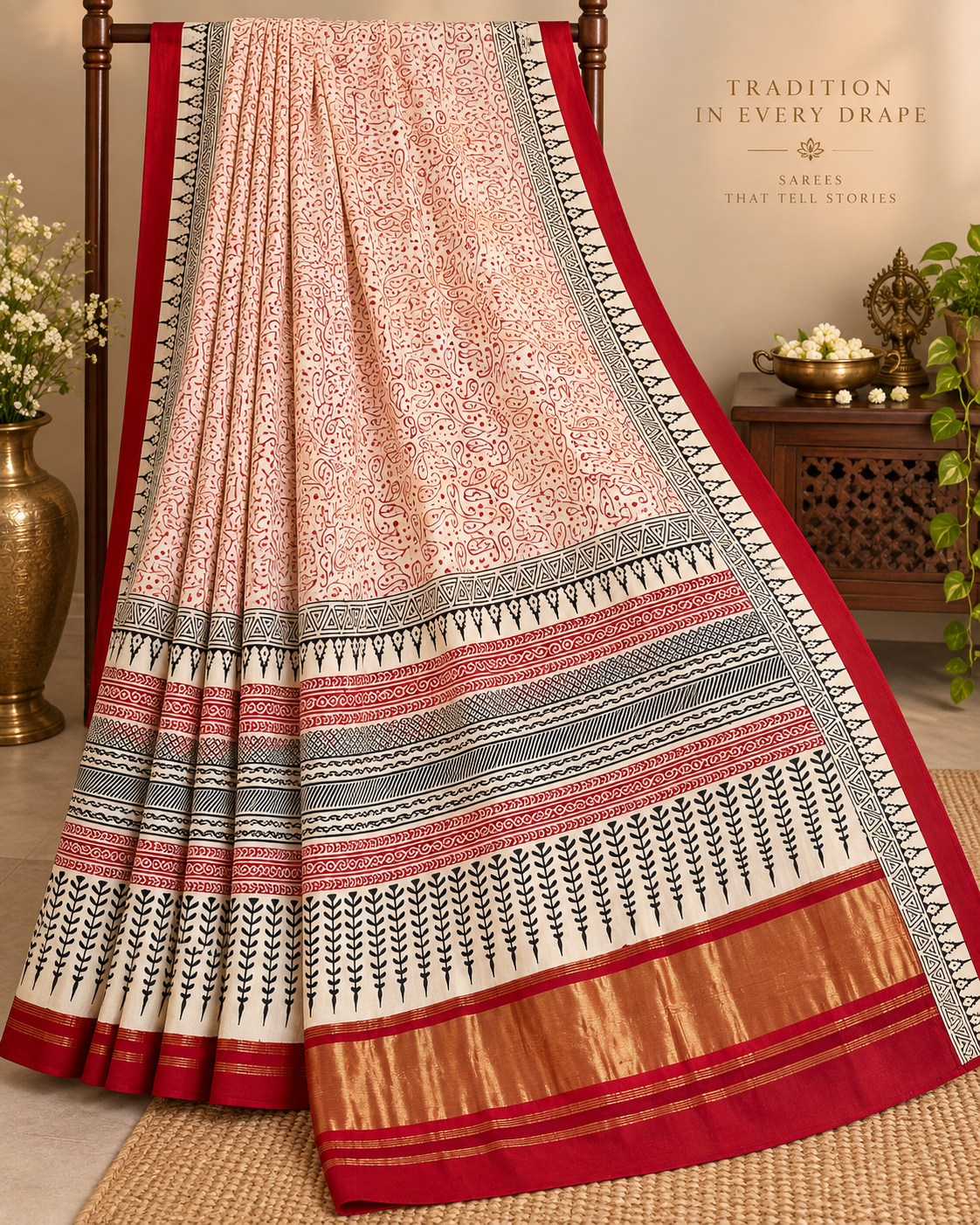 Cream, Red & Black Printed Gajji Silk Saree with Rich Copper-Gold Pallu