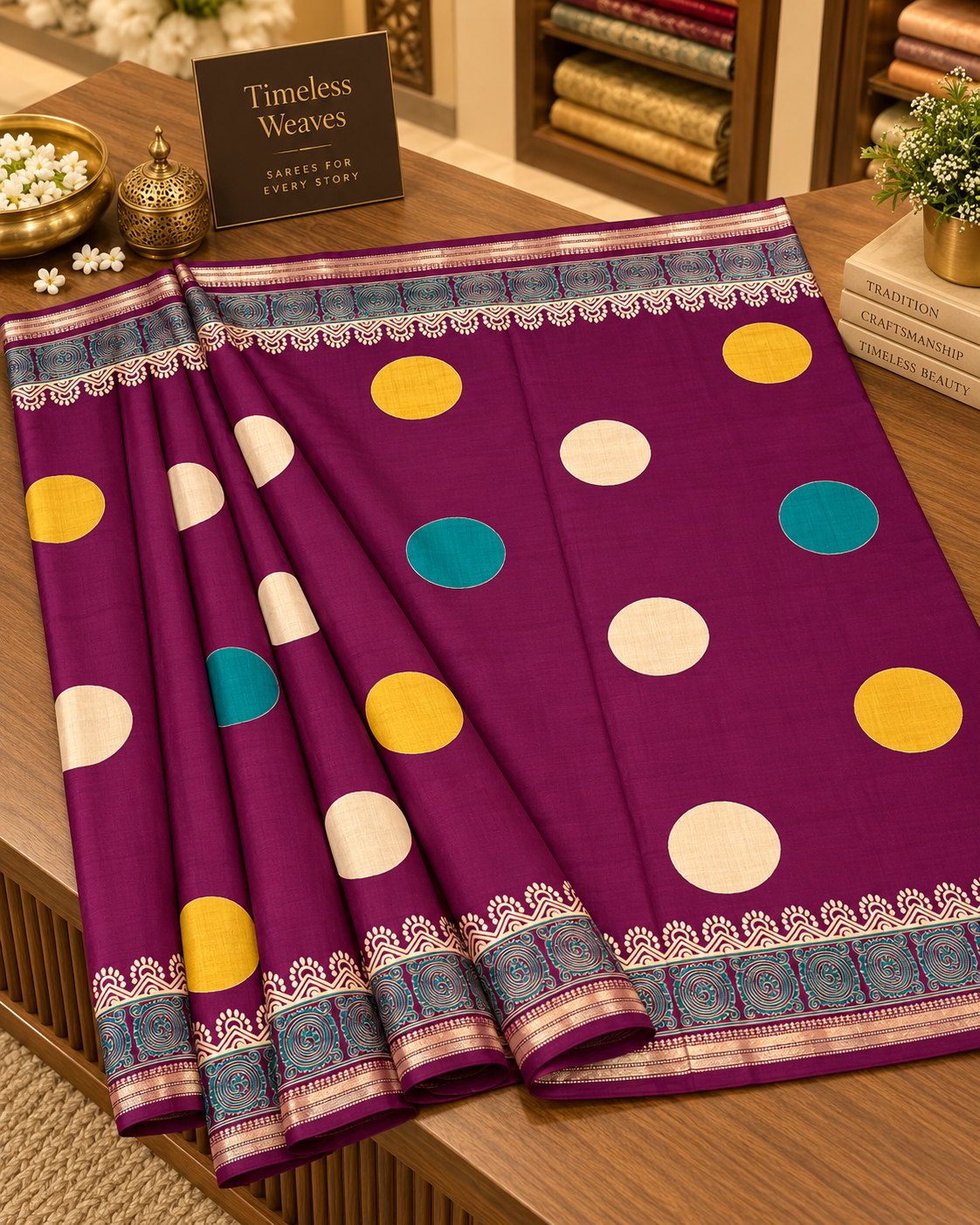Plum Purple mul cotton Saree with Multicolour Polka Motifs, Designer Border & Statement Pallu