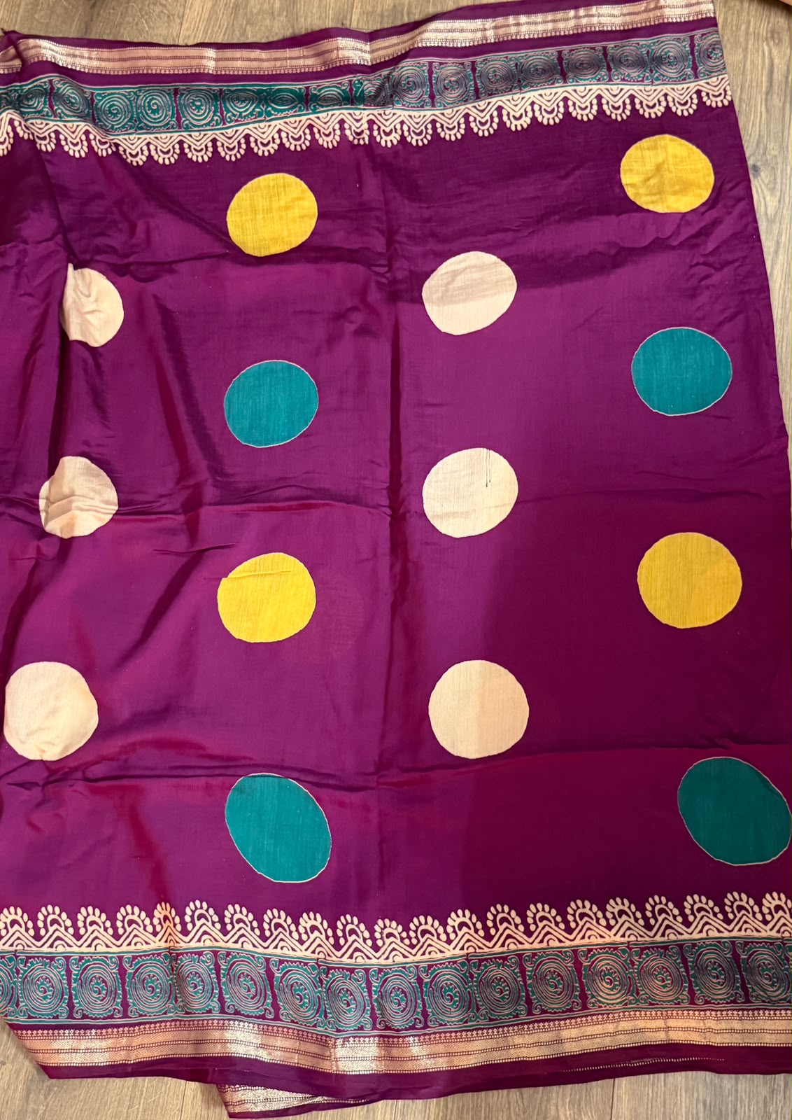 Plum Purple mul cotton Saree with Multicolour Polka Motifs, Designer Border & Statement Pallu