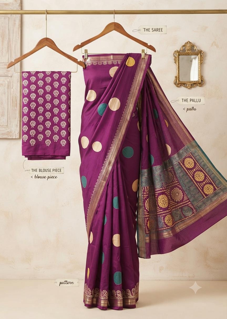 Plum Purple mul cotton Saree with Multicolour Polka Motifs, Designer Border & Statement Pallu