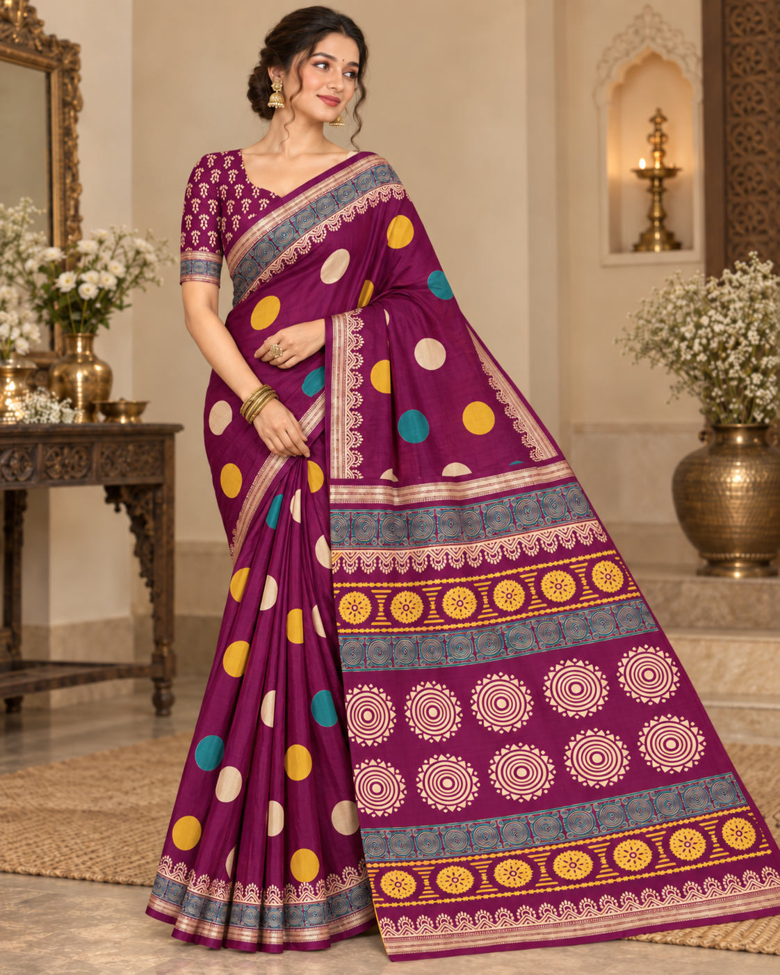 Plum Purple mul cotton Saree with Multicolour Polka Motifs, Designer Border & Statement Pallu