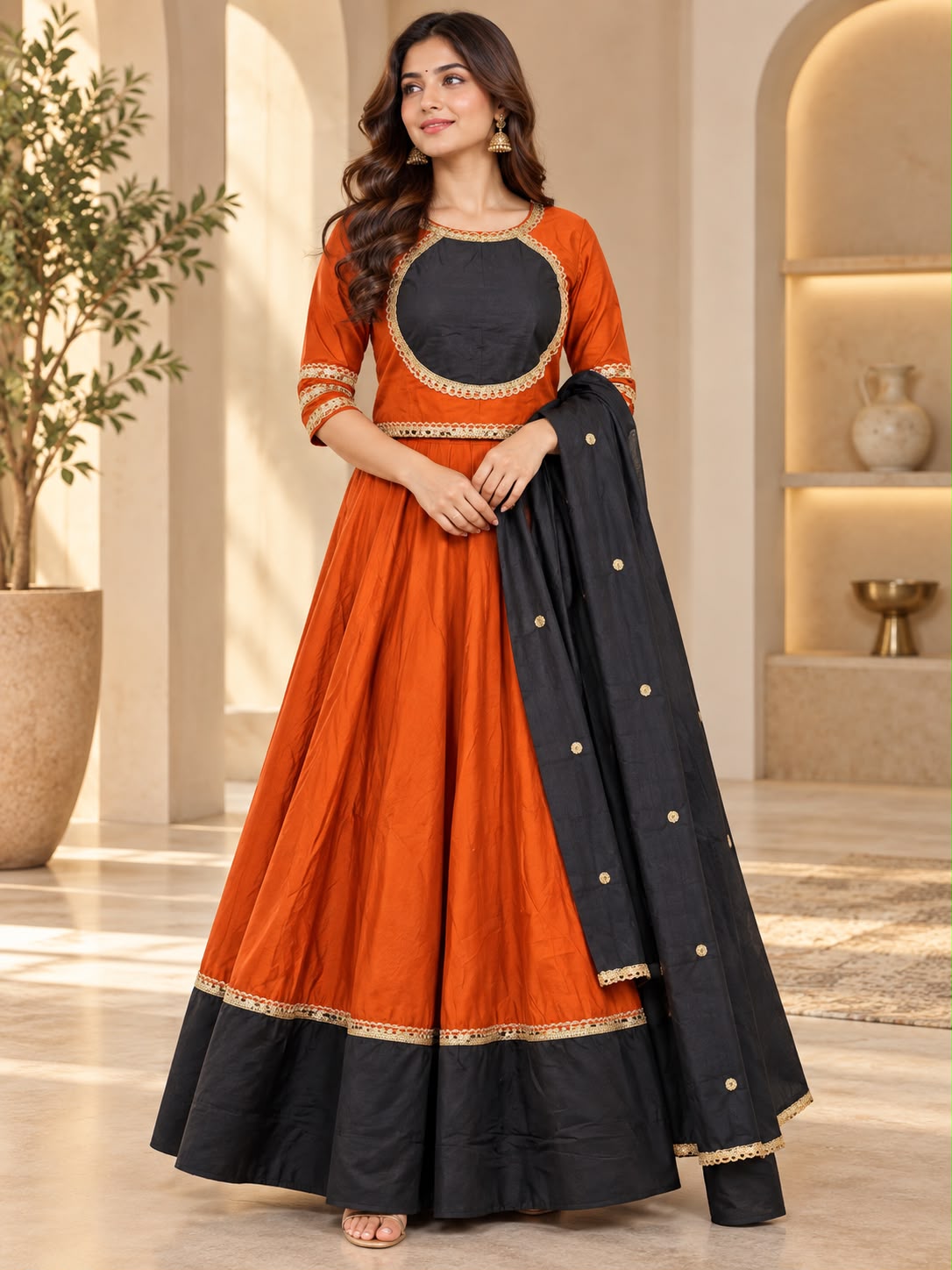 Rust Orange & Black Festive Chaniya Choli with Dupatta for Women