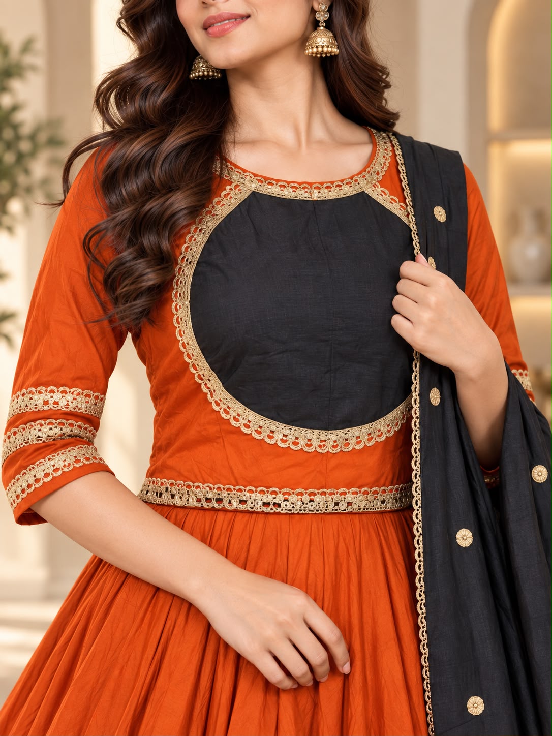 Rust Orange & Black Festive Chaniya Choli with Dupatta for Women