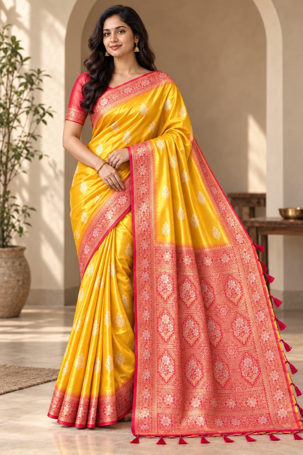 Sunhera Golden Yellow Saree with Rani Pink Floral Border