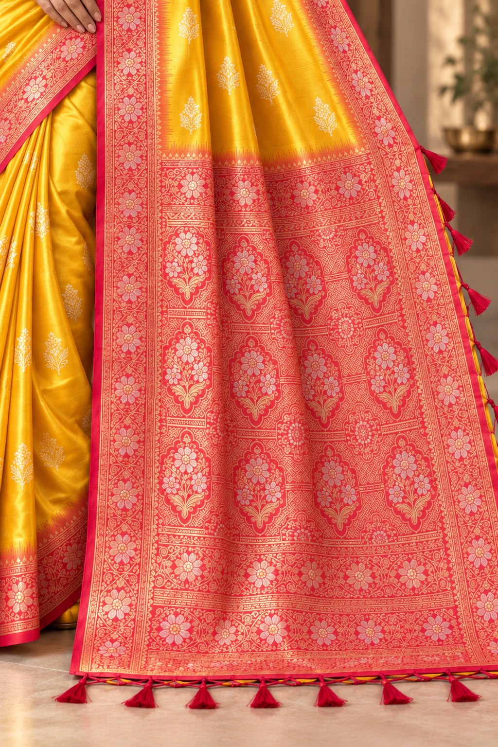 Sunhera Golden Yellow Saree with Rani Pink Floral Border